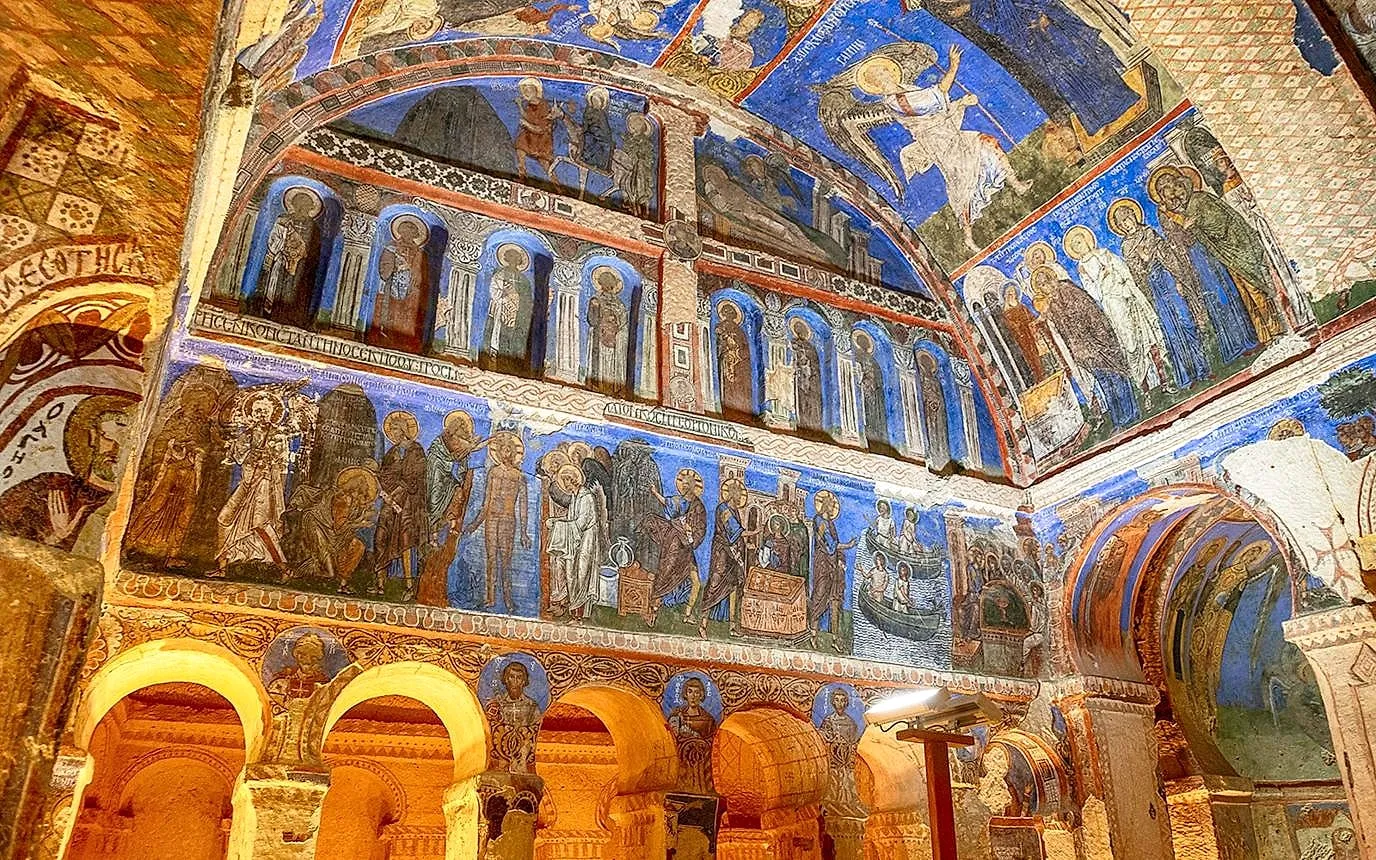 Byzantine frescoes covering the walls of a Cappadocian church