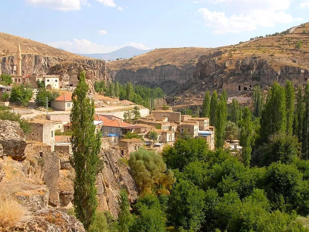 A Cappadocian village of stone houses among poplars in a green valley