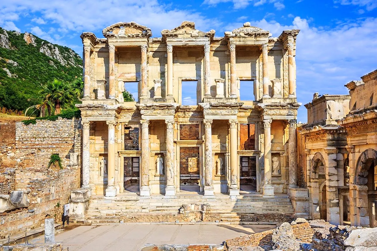 The Library of Celsus in Ephesus under a blue sky