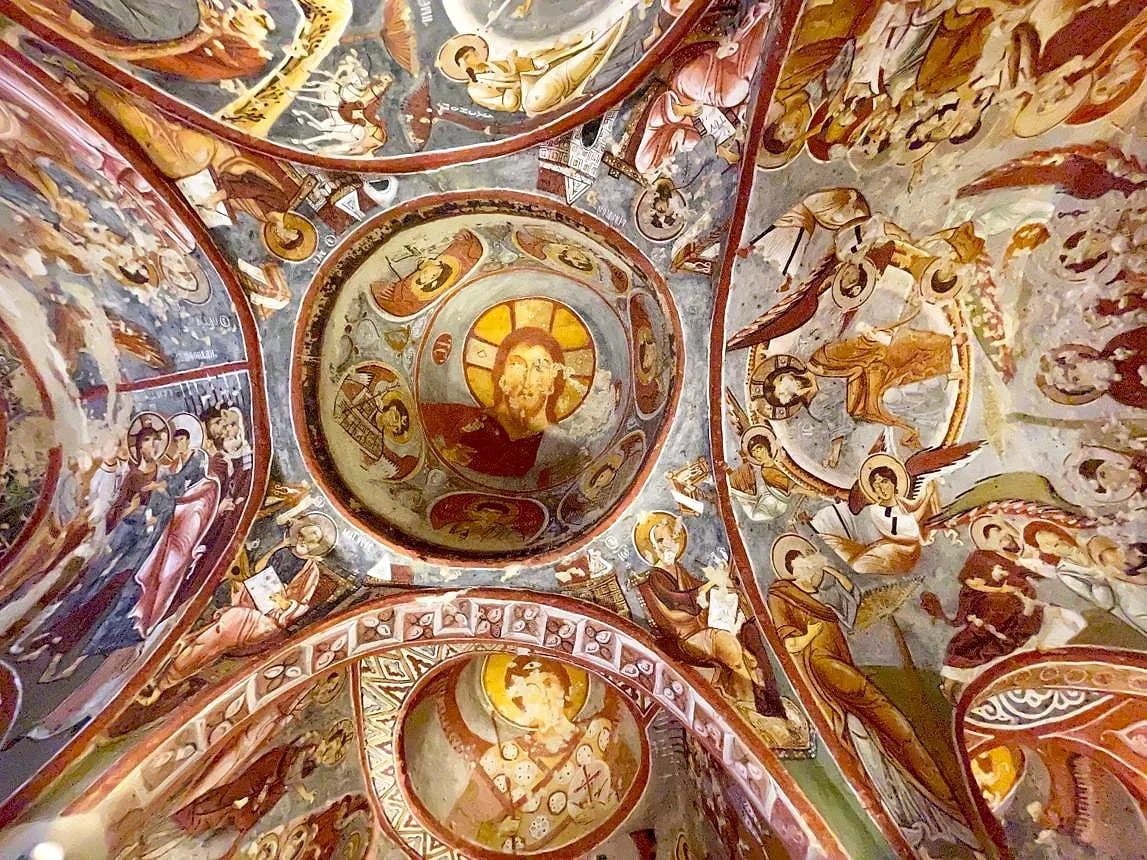 Painted ceiling with Christ in a medallion in a rock-cut church at Göreme