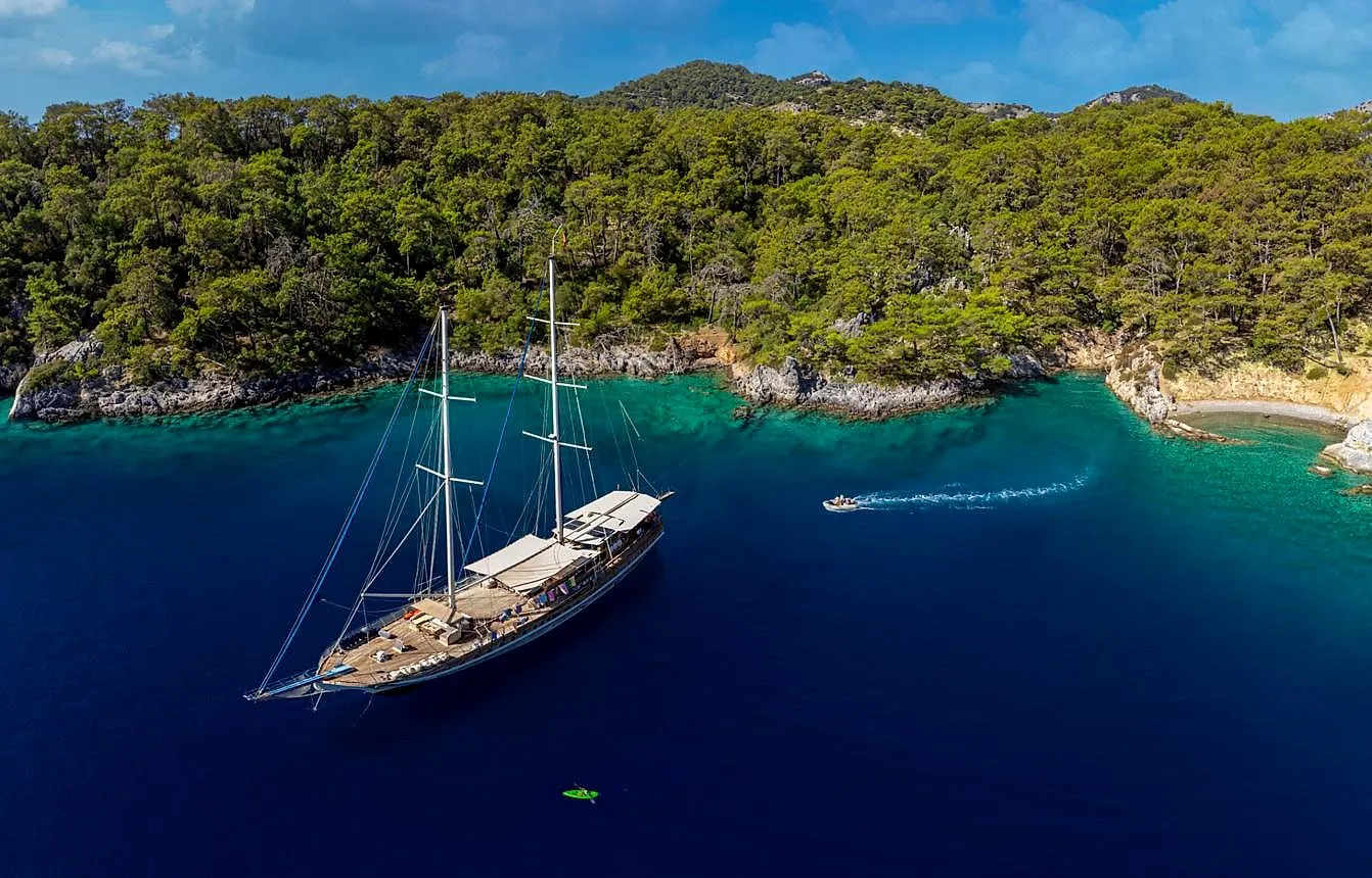 A traditional gulet anchored in a bay ringed by pine forest