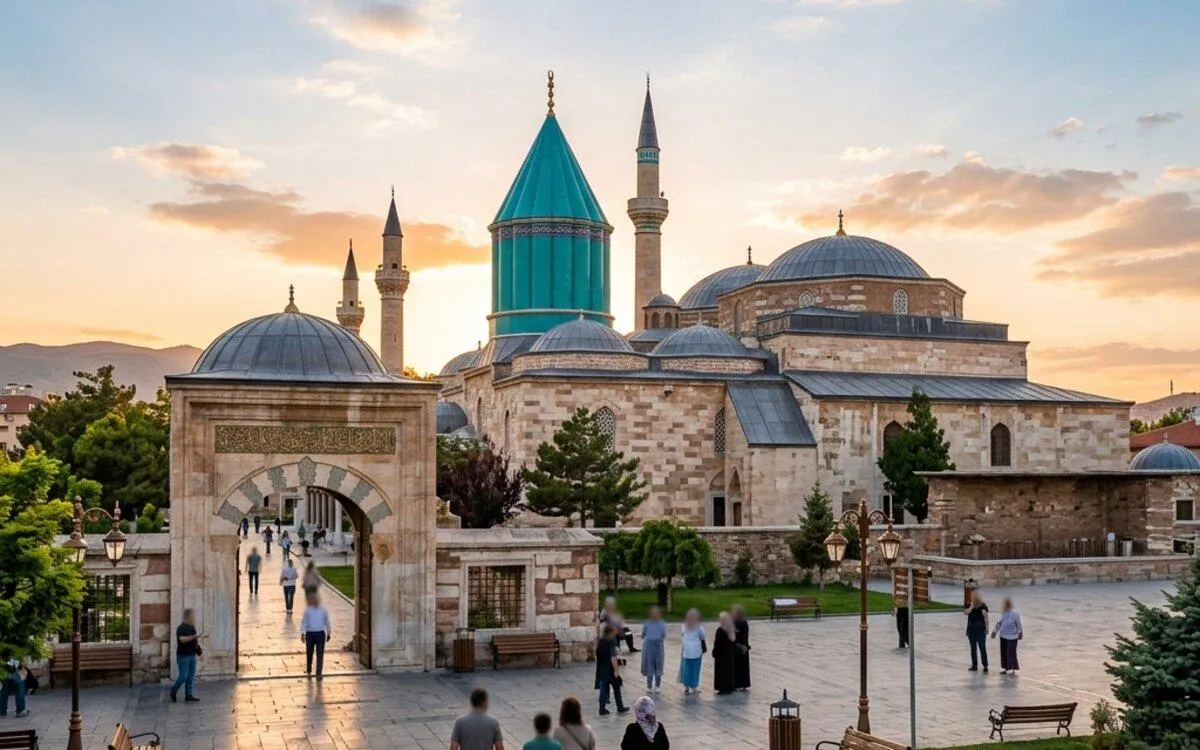 The turquoise dome of the Mevlana Museum in Konya at sunset