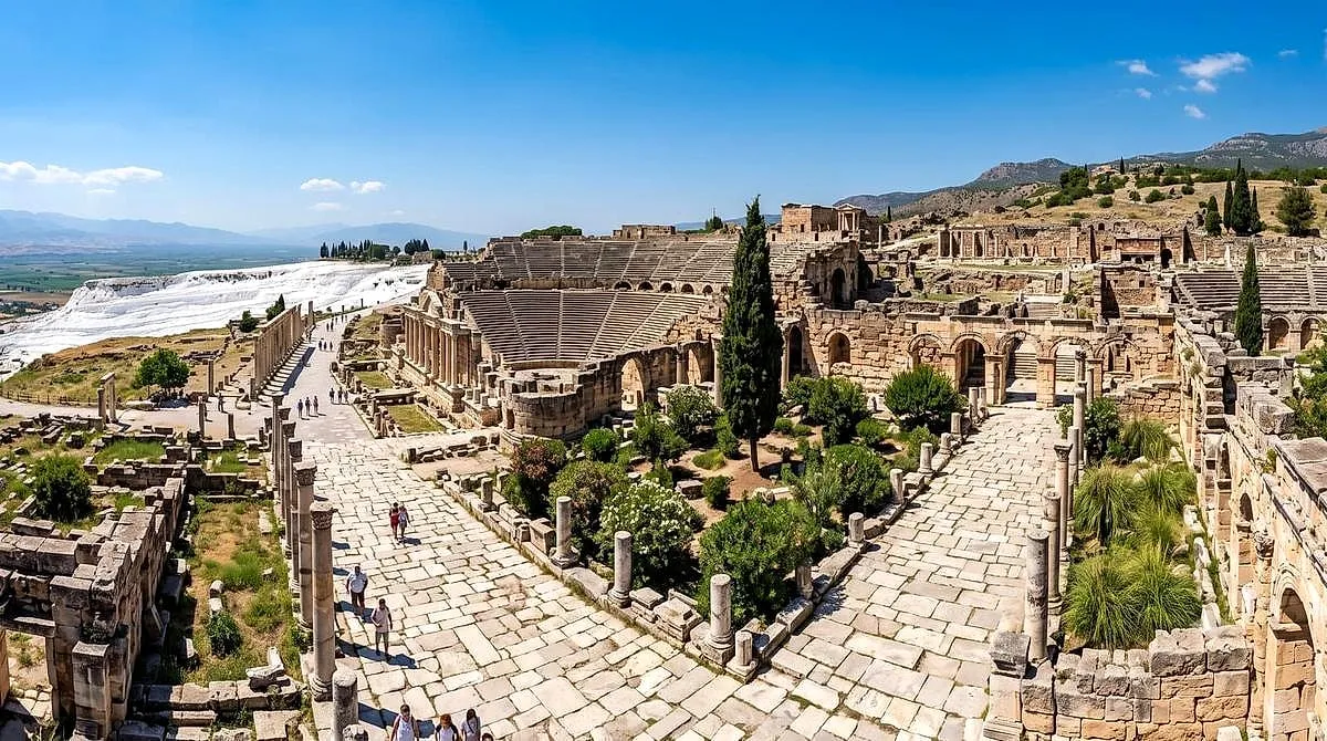 The main street of Hierapolis with the travertines beyond