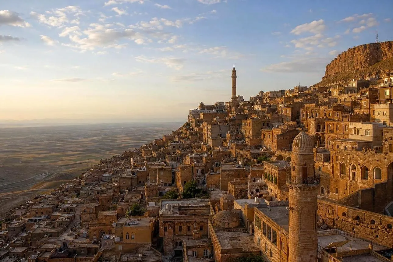 Mardin's old town and minaret glowing at dusk above the plain