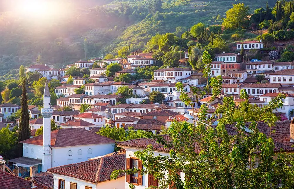 Houses of Şirince village among green hills