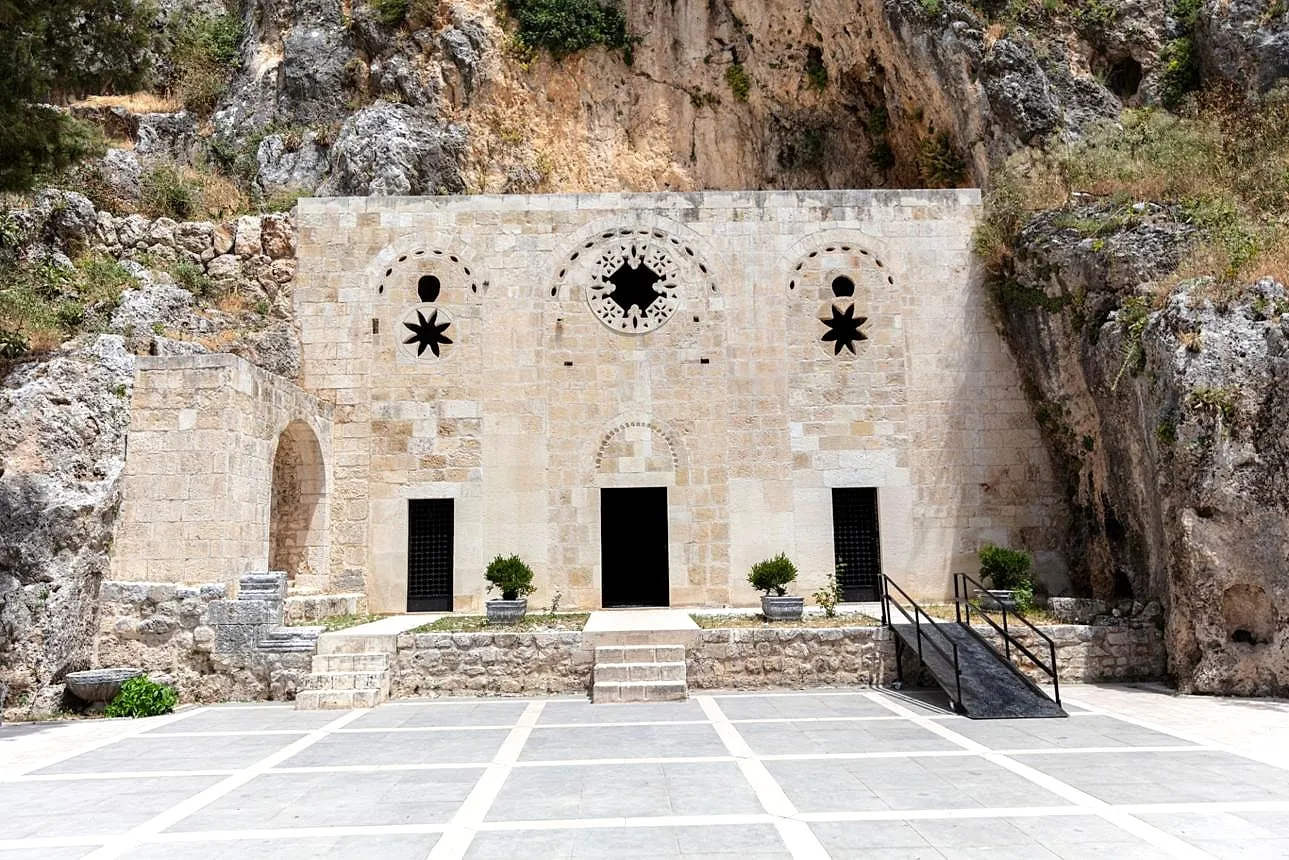 The carved stone facade of St Peter's Cave Church in Antakya