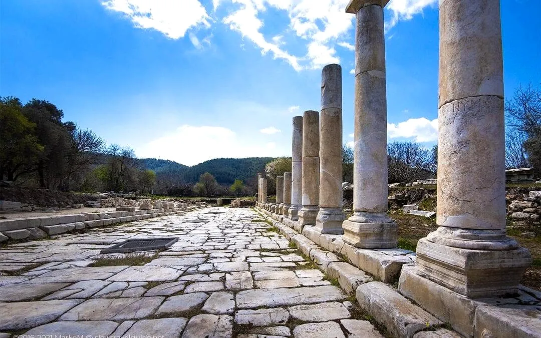 A paved ancient street lined with columns at Stratonikeia