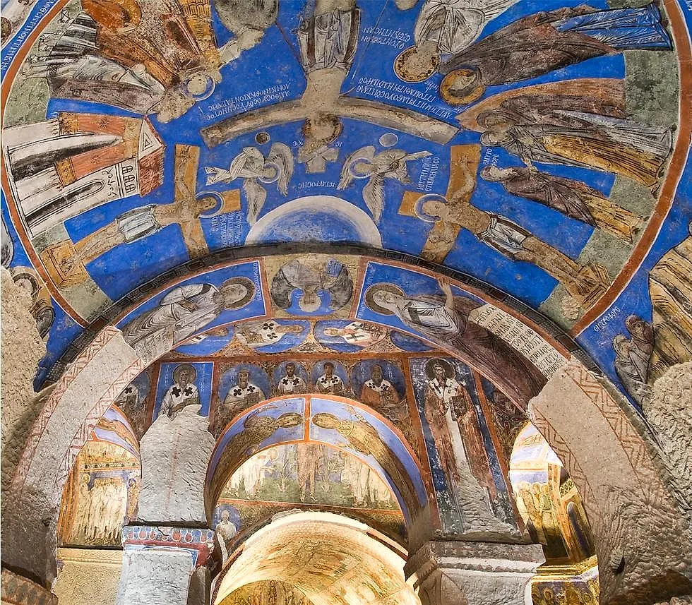 Deep blue frescoes of biblical scenes in Tokalı Church